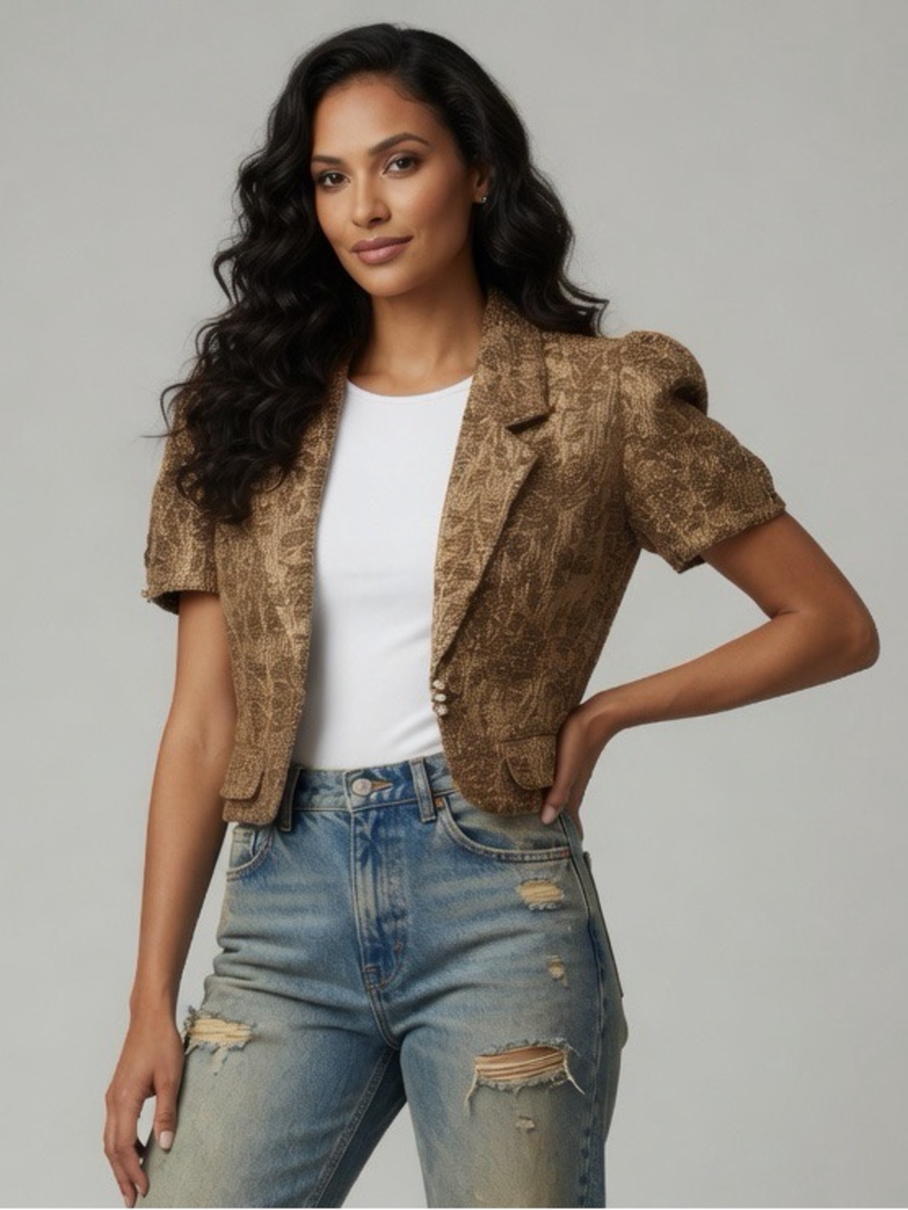 Larok Gold Bronze Brocade Crop Tweed Cap Jacket S